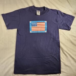 USA American Flag Glitter Graphic Tee - 100% Cotton Navy Blue - Small